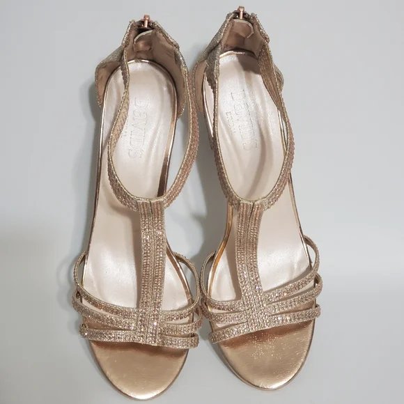David's Bridal Champagne Rhinestones Gold Strappy Heels Women's Size 8 - Picture 6 of 10